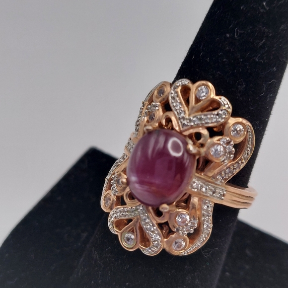 Vintage Rose GOS 925 Purple Cabachon & CZ Embellishments Cocktail Ring, sz 8,GC. - Picture 3 of 10